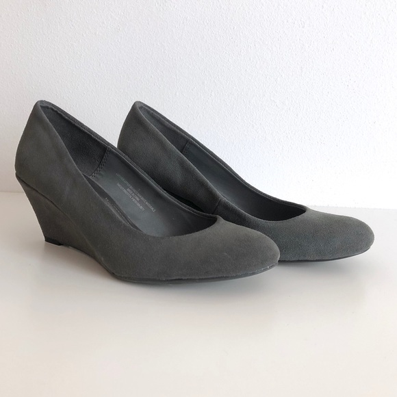 Gray Suede Round Toe Wedge Heels - Picture 2 of 6